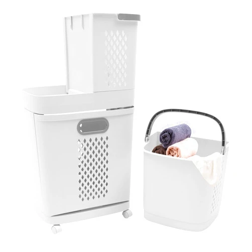 LABIXIAOXIN 2-Tier Movable Household Laundry Basket,Bathroom Clothes Storage Basket,Floor-Standing Large Hand-Held Laundry Hamper Holder With Handle & 4 Wheels,Breathable Hollows,For Bedroom, Bathroom.