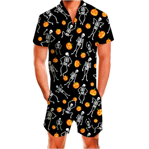 Goodstoworld Male Hawaiian Romper Fashion Zipper Slim Fit Jumpsuit with Pocket S-XXL
