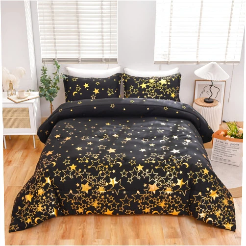 Raytrue-X King Comforter Set Black Gold Star Metallic Glitter Bedding Comforter Sets All Season Bed Comforter King Set Bronzing Effect 3pcs Lightweight King Size Bedding Sets with 2 Pillow Shams