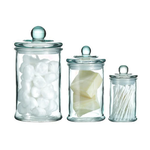 Motifeur Glass Apothecary Jar | Bathroom Storage Organizer Canister (Set of 3, Blue)