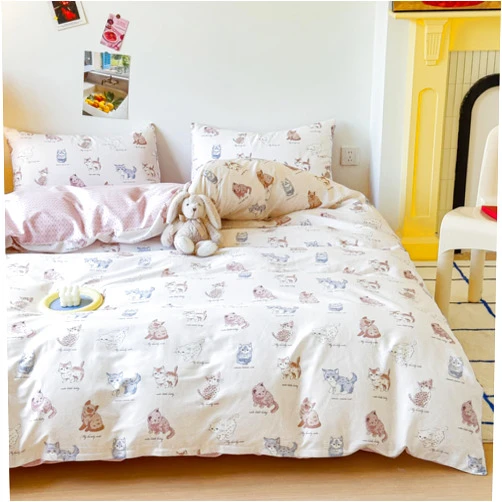 LIWHENHAO Cat Duvet Cover Set Queen 100% Cotton Bedding Cartoon Brown Gray Pink Pet Cats on White 1 Cute Kawaii Animal Comforter Cover Full 2 Pillowcases for Kids Girls Boys Woman