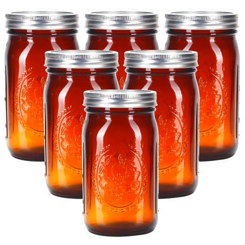 eleganttime Amber Glass Mason Jars 32 oz Wide Mouth with Airtight Lids and Bands 6 Pack Large Glass Canning Mason Jars Quart,Great for Canning Jar Pickle Fermenting Jam Jar