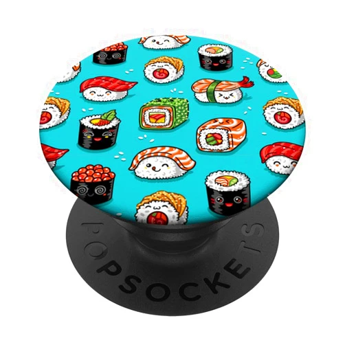 Cute Sushi Faces Sushi Cartoons on Blue - Japanese Foodie Art PopSockets PopGrip: Swappable Grip for Phones & Tablets PopSockets Adhesive PopGrip