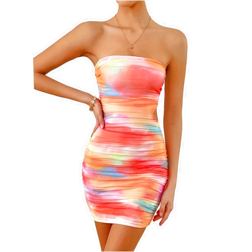 MakeMeChic Women's Tie Dye Ruched Tube Bodycon Dress Cut Out Slim Fit Mini Short Dress