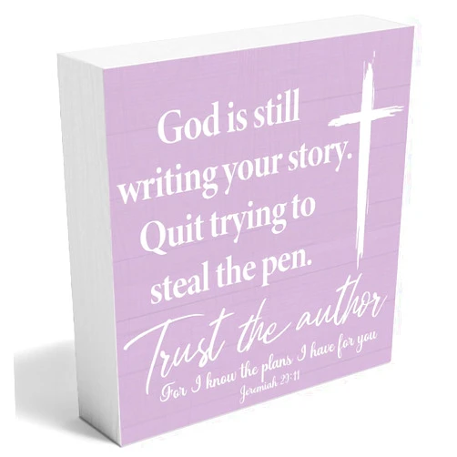 Woght Purple Office Wood Box Desk Decor Signs,God Is Still Writing Your Story,Christian Scripture Bible Verse Prayer Room Purple Stuff Sign Decorations for Home Office Wall Tabletop Shelf Decor