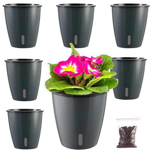 Planterhoma 6 Pack-5 Inch Self Watering Plant Pot for Indoor Plants with Water Indicator,African Violet Pots Grey Gold with Wick Pot,Self-Watering Planters for Devil's Ivy,Small Orchid Pots for Home