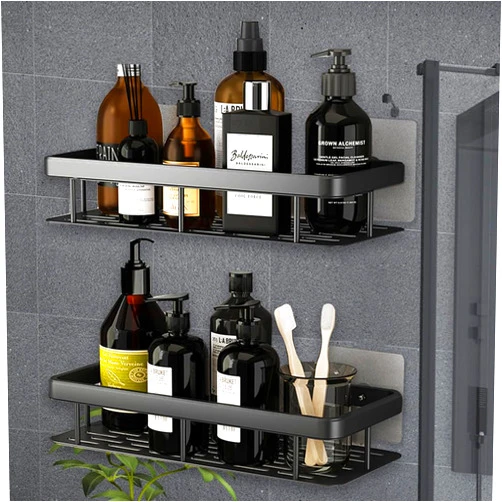 BZVlemon 2Pack Adhesive Shower Caddy Bathroom Shower Organizer with 4 Hooks, Space Aluminum Shower Shelves - Rustproof Waterproof and Easy Mount