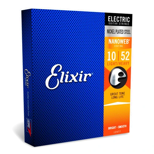 Elixir Strings, Electric Guitar Strings, Nickel Plated Steel with NANOWEB Coating, Longest-Lasting Bright Tone with Comfortable Feel, 6 String Set, Light/Heavy 10-52