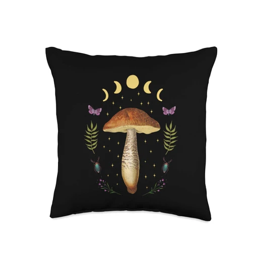 Witchy Goth and Celestial Lunar Creations Dark Academia Cottagecore Aesthetic Magical Mushroom Fungi Throw Pillow
