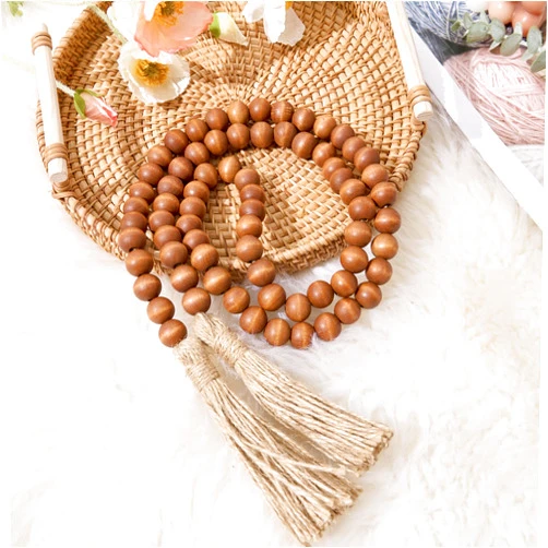OMISHE Wood Bead Garland with Tassels, 59in Wooden Beads Garland, Decorative Beads Garland Decor, Farmhouse Beads Garland for Wall Hanging Home Festival Decor, Brown
