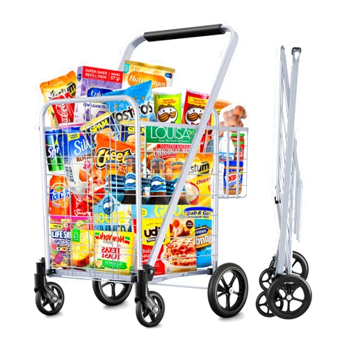 Winkeep Shopping Cart, Jumbo Double Basket Grocery Cart 350 lbs Capacity Folding Shopping Cart with 360° Rolling Swivel Wheels Super Loading Utility Shopping Cart for Laundry, Shopping, Grocery, Luggage