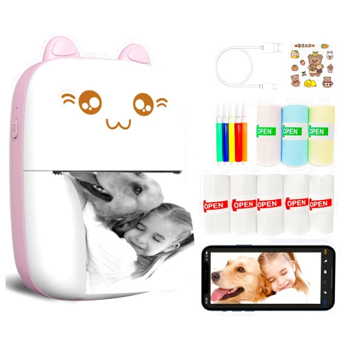 JEPEErbz Mini Printer Portable, Inkless Sticker printer with 8 Rolls Paper, Bluetooth Wireless mini thermal printer Compatible with iOS + Android for Journal, Memo, Photo, Print Pod Gifts for Girls Kids (Pink)