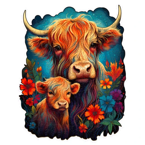 WOODBESTS Wooden Puzzle for Adults, Highland Cattle Family Puzzle (M, 200pcs, 9.2