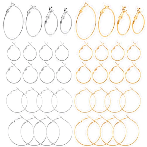 Joez Wonderful 32 Pcs Hoop Earrings Finding, Hypoallergenic Alloy Round Earring Hoops for Jewelry Making, Gold Silver Open Beading DIY Earrings Craft Art Accessories 20mm 25mm 30mm 40mm