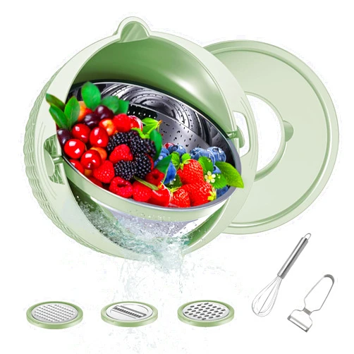 VAYEX 4 in 1 Colander with Mixing Bowl Set, Kitchen Colander Strainer with Bowl, Fruit Cleaning, Colanders & Food Strainers, 360 Colander Bowl with Vegetable Peeler and Whisk