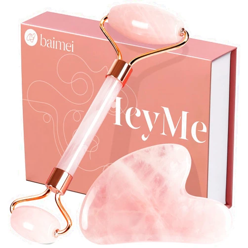 BAIMEI IcyMe Jade Roller & Gua Sha, Face Roller Redness Reducing Skin Care Tools, Self Care Pink Gift for Men Women, Massager for Face, Eyes, Neck, Relieve Fine Lines and Wrinkles - Rose Quartz