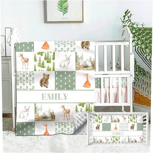 Munific Personalized Baby Bedding Sets for Girls & Boys, Custom Name Crib Comforter, Wild Animals Nursery Bedding, 2 Piece Sets with Fitted Sheets