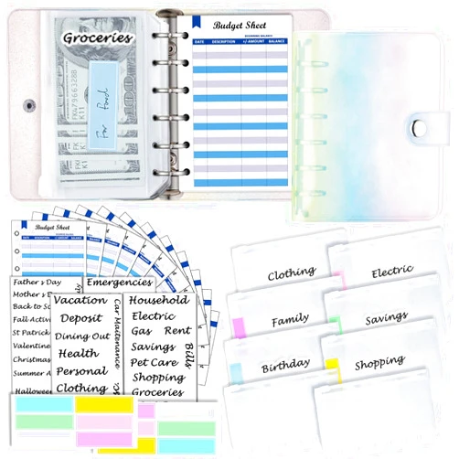 Harphia A7 Budget Binder Soft Colorful PVC 6-Ring Mini Binder 5.39x4.33, with Mini Binder Pockets x8 Zipper, Budget Sheets x12, Cash Envelope Sticker x42, Label Sticker x12, Harphia 143F-A7 Color