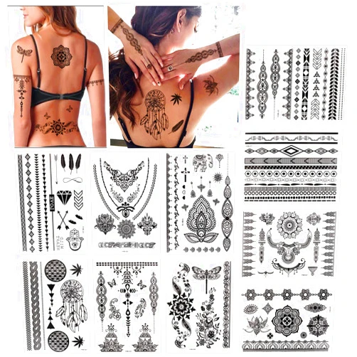 Konsait 10 Sheets Henna Temporary Tattoo Black Art Stickers Lace Mehndi Body Transfers Tattoo for Women Adult Girls for Festival Party