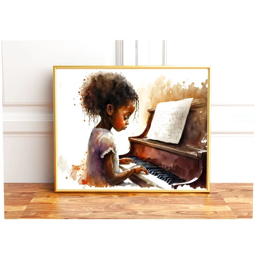 Custom Generic Poster Of Little Girl Playing Piano Wall Art, Black African American Woman Little Girl Playing Piano Wall Hanging Little Girl Playing Piano Photo,158, White