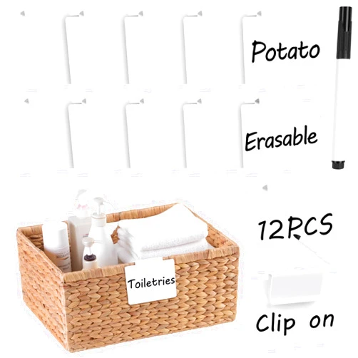 Utron 12pcs White Basket Labels, 3.5x2.7” Basket Labels Clip On, Bin Labels Clip On, Removable PVC Clip On Labels for Storage Bins Label Holders