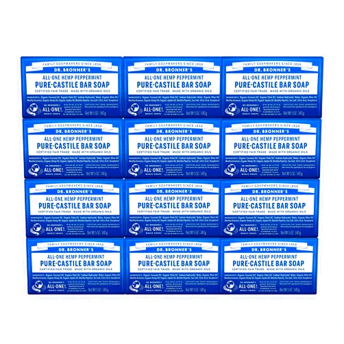 Dr. Bronner's - Pure-Castile Bar Soap (Peppermint, 5 Ounce, 12-Pack) - Made with Organic Oils, For Face, Body & Hair, Gentle & Moisturizing, Biodegradable, Vegan, Cruelty-free, Non-GMO