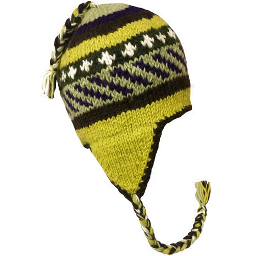 Himalayan Sherpa Hats Nepal Hand Knit Sherpa Hat with Ear Flaps, Beanie Ski Heavy Wool Fleeced Lined Cap (Green & Purple)