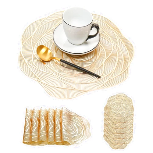 HOZETOKE Placemats for Dining Table, Gold-Flower Shaped, Flexible Wipeable Table Mats for Wedding Anniversary Dinner Table, Sturdy Decoration Mats, Set of 6 (Gold)