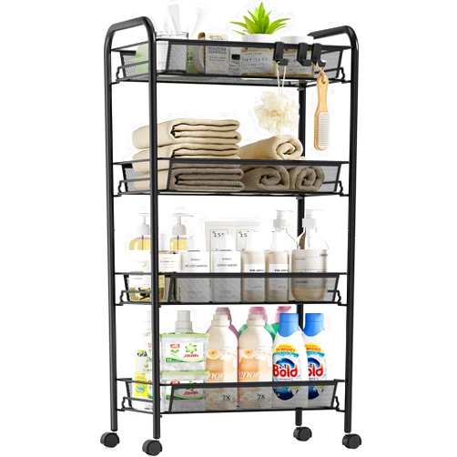SYKIARIOL 4-Tier Metal Utility Cart, Mesh Wire Rolling Cart on Wheels, Storage Trolley with Easy Assembly, Organizer Craft Cart 3 Hooks, Mobile Shelving Unit for Bathroom, Laundry Room, Home