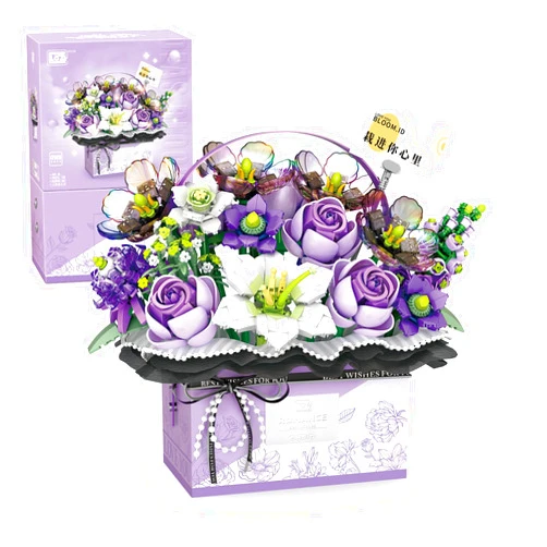 MEIEST Flower Bouquet Building Blocks Model Set,Simulation Artificial Rose Handheld Gift Box,Bonsai Plant Building Bricks Toys,Home Decor (Mist Purple)