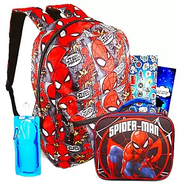 Fast Forward Spiderman Backpack and Lunch Box for Boys - Bundle with Spiderman Backpack for Boys 7-8, Spiderman Lunch Bag, Water Pouch, Stickers, More
