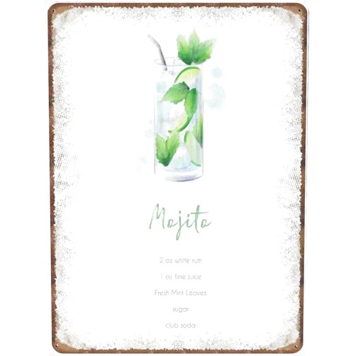TNRYHTA Novelty Tin Metal Sign Mojito Cocktail Recipe Watercolor Drink Recipe Watercolour Cocktail Art Kitchen Decor Retro Poster Plaque Wall Art Decor For Bar Cart Decor Classic Cocktails Bar Pub-8x12in