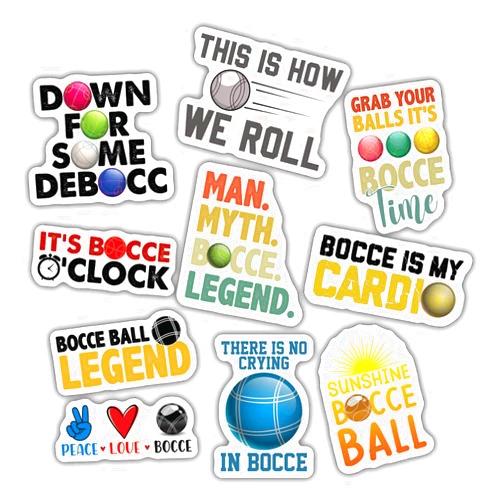 TAYTA 10pcs Bocce Sticker Sheet, Funny Cute Vinyl Decals for Bocce Ball Players, Lawn Game Fans, and Sport Lovers, Waterproof, UV-Resistant, for Laptop, Water Bottle, Journal, Notebook, Phone Case