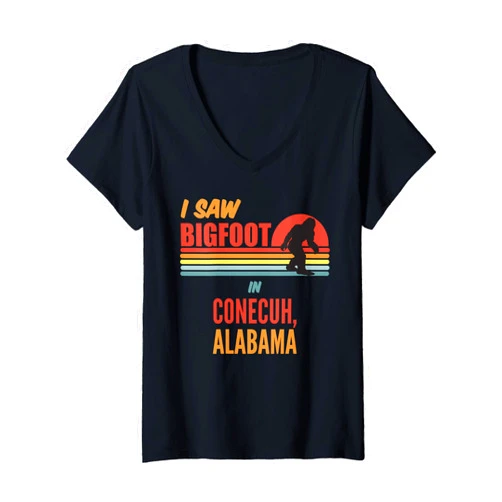 Conecuh Alabama Bigfoot Womens Bigfoot Lives In Conecuh Alabama V-Neck T-Shirt