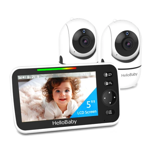 HelloBaby Upgrade 5’’ Baby Monitor with 30-Hour Battery, 2 Cameras Pan-Tilt-Zoom, 1000ft Range Video Audio Baby Monitor No WiFi, VOX, Night Vision, 2-Way Talk, 8 Lullabies and Temperature