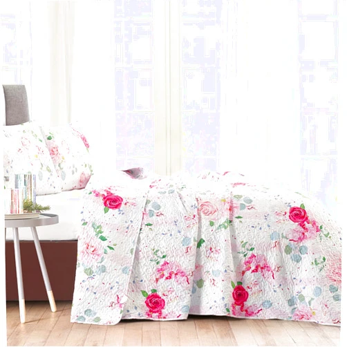 NIUDÉCOR HOME Reversible Bedspread Pink Rose Quilt Set Queen Size Summer Floral Print Coverlet Vintage Microfiber Lightweight Bedding Set with Pillow Shams