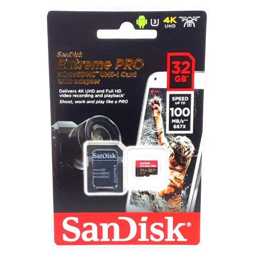 SanDisk Extreme PRO microSDHC Memory Card Plus SD Adapter up to 100 MB/s, Class 10, U3, V30, A1 - 32GB SDSQXCG-032G