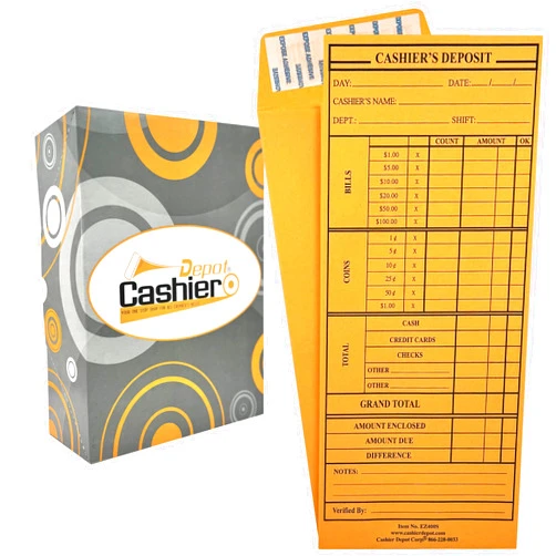 CASHIER DEPOT YOUR ONE STOP SHOP FOR ALL CASHIER'S NEEDS 1000 Cashier Depot Cashier's Report Envelopes EZ400S, 4 1/8 x 9 1/2 Inches, Brown Kraft Paper, Peel & Seal, Pre-Printed Cash Report Form, for Business Deposits, 1000 Count