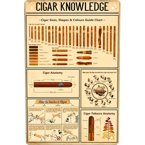 CSWLJS Cigar Quote Wall Decor Vintage Art Poster Plaque Cigar Knowledge Metal Poster Plaques for Home Living Room Kitchen Cafe Bar Garage Wall Decor 8x12 in