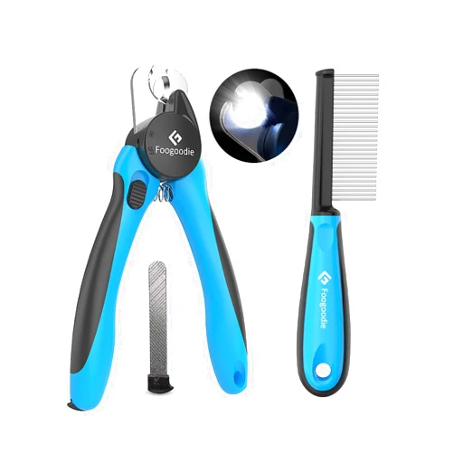 Foogoodie Dog Nail Clippers with Light, 2 in 1 Dog Nail Trimmers with Safety Guard & Quick Sensor to Prevent Over-Cutting, Includes Pet Grooming Comb & Nail File, Ideal for Cats & Dogs