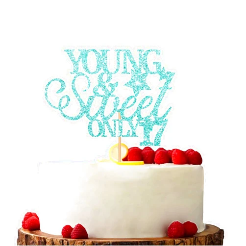KKAIRA Sky Blue Young & Sweet Only 17 Cake Topper, Birthday Party Cake Topper, Glitter Cake Decorations for Happy 17th Birthday/Anniversary Party