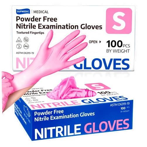 Supmedic Nitrile Exam Gloves, Powder-Free Latex-Free Disposable Glove for Medical Cooking Esthetician Cleaning, Pink 100 Pcs
