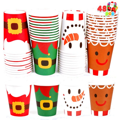 JOYIN 48 PCS Merry Christmas Disposable Cups, 4 Designs Xmas Drinkware 9 oz Paper Cup, Snowflake Santa Elk Christmas Cups For Hot Chocolate Coffee Cold Beverage Holiday Tableware Supplies Favors