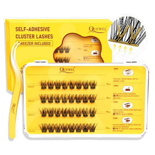 QUEWEL Self Adhesive Eyelashes Kit 32 Pcs Press On Lashes Pre Glued Eyelash Clusters Self Stick Cluster Lashes No Glue No Remover Needed DIY Lash Extension Kit for Beginners (ZN-01)
