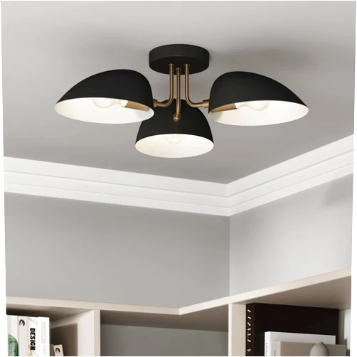 Nathan James Argo Semi Mount Flush Ceiling Light, 3-Lights Modern Retro Lighting with Black Rounded Shades for Hallway, Dining Room and Bedroom, Brass Gold/Black