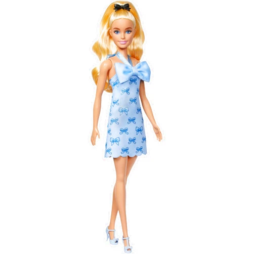 Barbie Fashionistas Doll #237 with Wavy Blonde Ponytail Wearing Blue Bow Halter Dress, Black Hair Bow Accessory and Matching Blue Heels