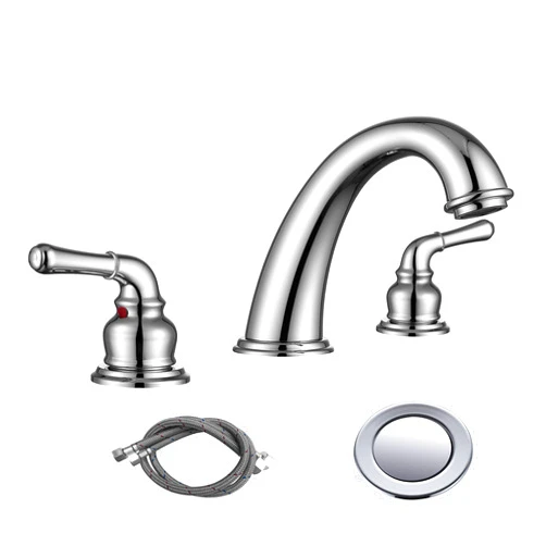 RKF Two Handle Widespread Bathroom Sink Faucet with Pop-up Drain with Overflow and Faucet Supply Hoses,Chrom Polished,WF014-8-CP