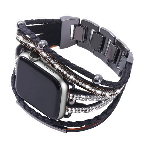 YOSWAN Leather Bracelet Compatible with Apple Watch Band 38mm 40mm 41mm women, Dressy Boho Bling Jewelry Multilayer Wrap Strap for iwatch Series 8 7 SE 6 5 4 3 2 1