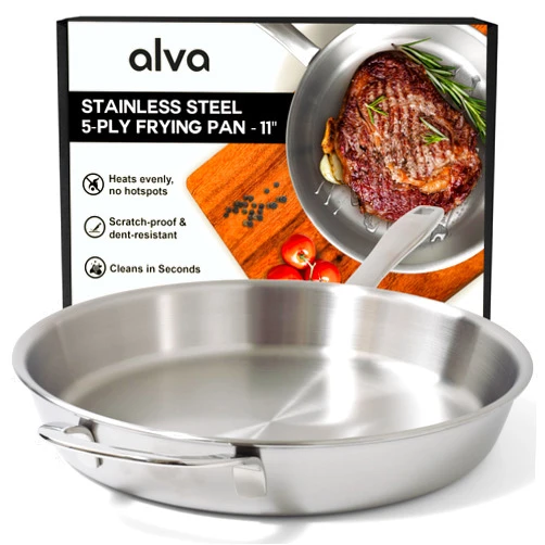 Alva Maestro 5-Ply Stainless Steel Frying Pan 11″ – Non-Toxic, Made without PFAS/PFOA/PTFE – Pro-Level Heat Control for No Hotspots, Induction & Oven Safe, Works on All Stovetops, Perfect Searing