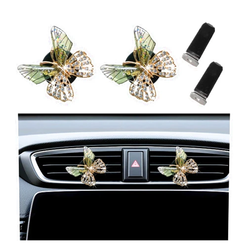 Augeny 2PCS Bling Butterfly Air Vent Clips, Cute Crystal Car Air Fresheners Vent Clips, Rhinestone Diamond Auto Diffuser Vent Clip for Women Girls, Car Interior Decor Accessories (Green)